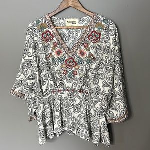 Savanna Jane Paisley And Flower Flowy Top Boho Peasant Embroidered Womens Size M